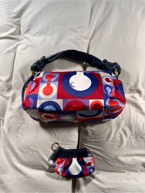 Coach J0882-13219 Madison Satin Scarf Graphic OP Art Handbag Purse + Coin Pouch